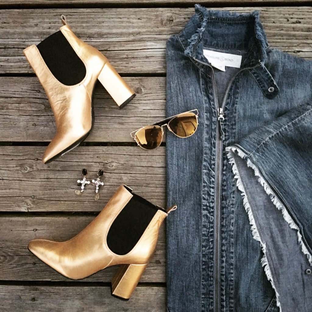 Topshop Gold Booties, Treasure & Bond Denim Poncho- Nordstrom Anniversary Flatly Blogger Not Billionaire