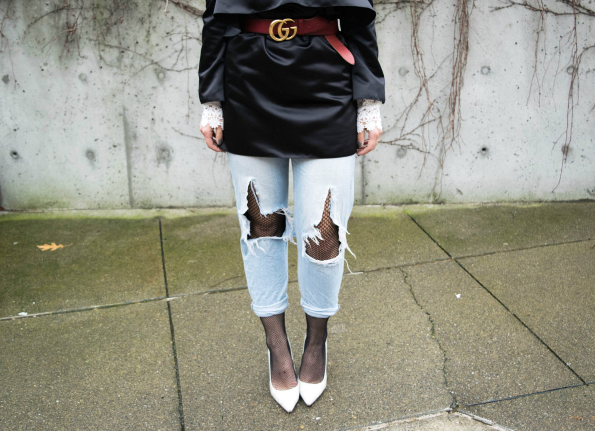 Red Gucci Belt- Fishnets under ripped jeans- BloggerNotBillionaire.com