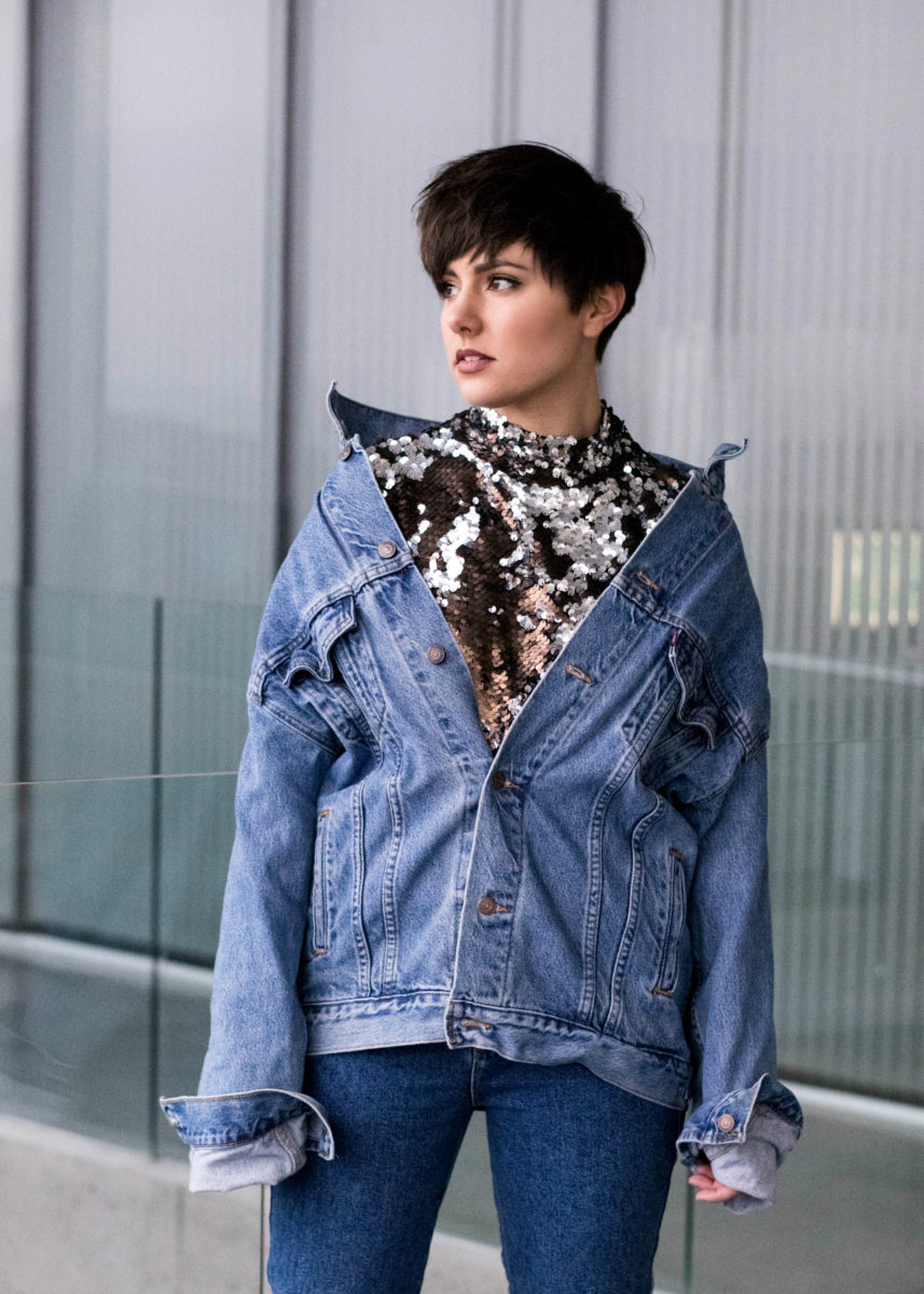 the DIY Balenciaga Off-the-Shoulder Denim Jacket -BloggerNotBillionaire