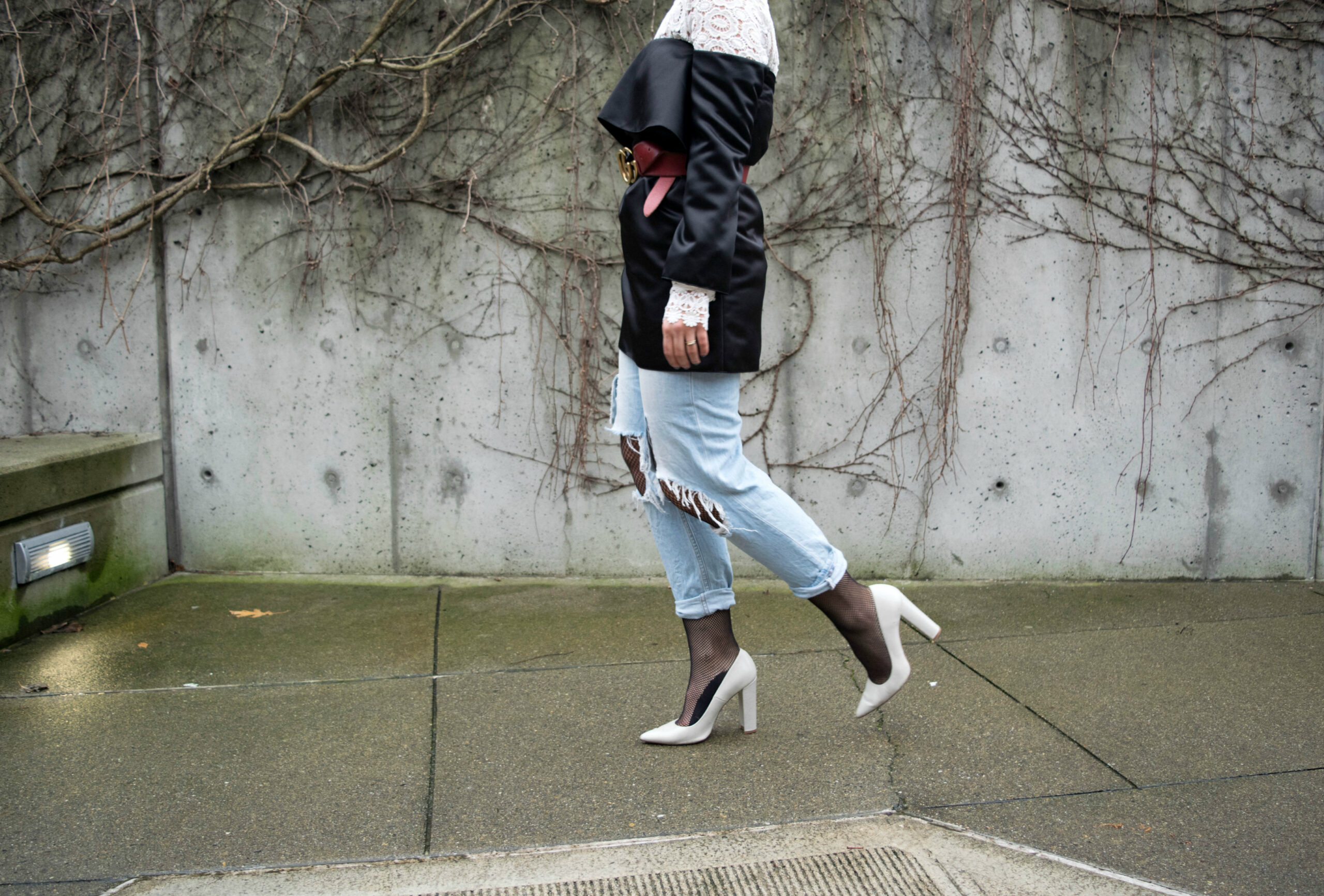 Oversized Fishnets Outfit 2: Distressed Jeans Over Fishnet Tights