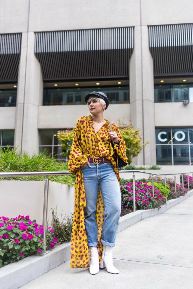 2 Ways to Wear Your Favorite Fall Maxi Dress: Mango Yellow FLoral Dress & Brixton Leather Cap