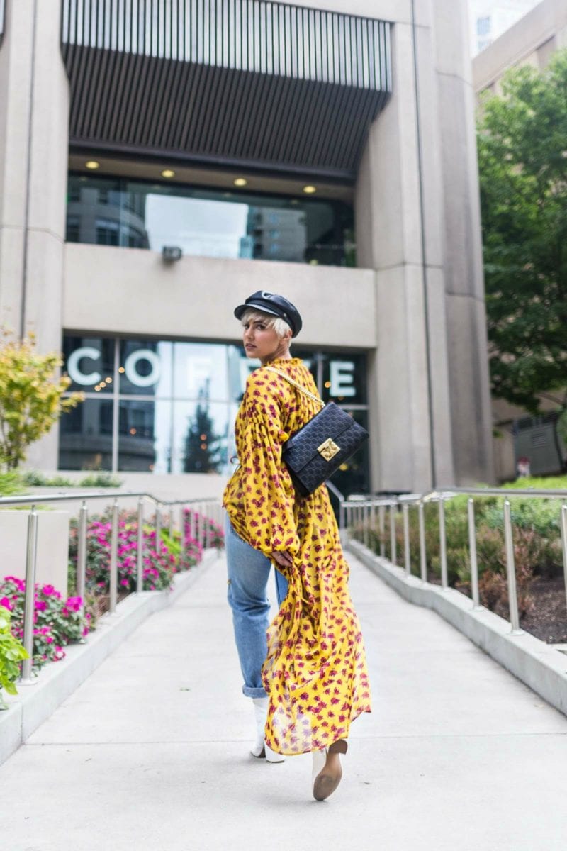 2 Ways to Wear Your Favorite Fall Maxi Dress: Mango Yellow FLoral Dress & Brixton Leather Cap
